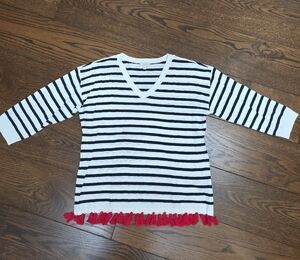 Women's Navy and White Striped Sweater with Red Fringe